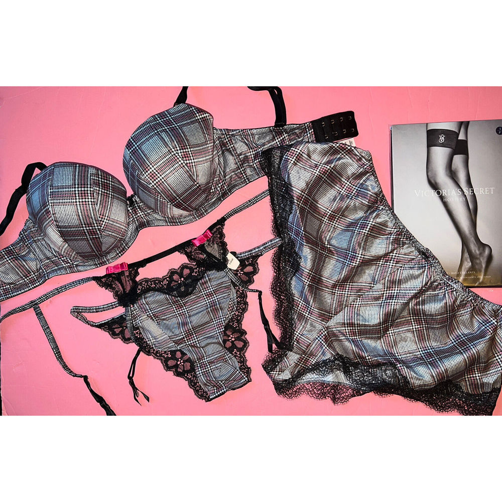 Victoria's Secret 32DDD BRA SET+Garter+Panty+SHORTS white Black Pink gray PLAID